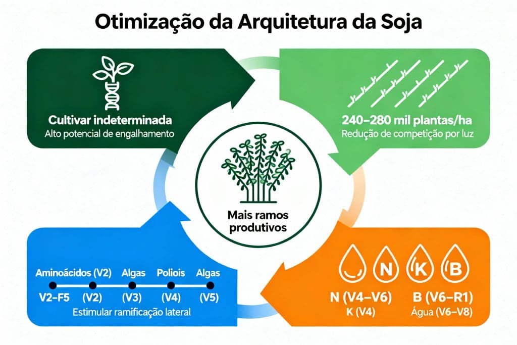 Aplicação de bioativos e reguladores de crescimento em lavoura de soja no estádio V3, mostrando técnica de pulverização foliar para potencializar ramos laterais