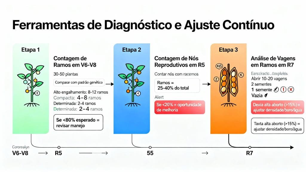 Técnico agrônomo realizando contagem de ramos laterais e nós reprodutivos em plantas de soja para diagnóstico e ajuste de manejo produtivo