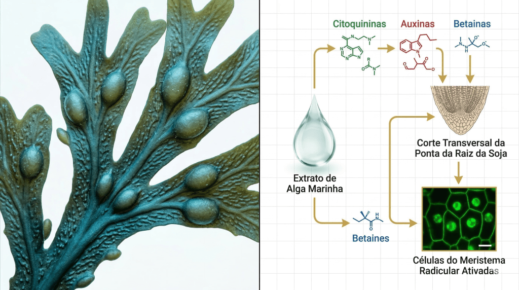 Ascophyllum nodosum — estrutura da alga e via molecular até o meristema radicular