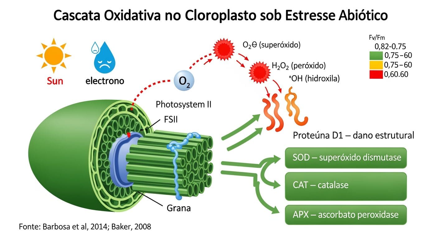 Diagrama BioRender da cascata oxidativa no cloroplasto mostrando EROs, proteína D1 e o sistema antioxidante que define a resiliência metabólica das plantas
