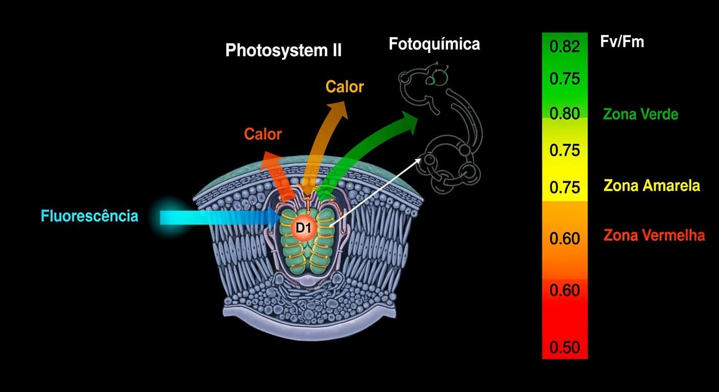 Ilustração científica do Fotossistema II no cloroplasto com as três vias de energia (fotoquímica, calor, fluorescência) e escala Fv/Fm nas zonas verde, amarela e vermelha