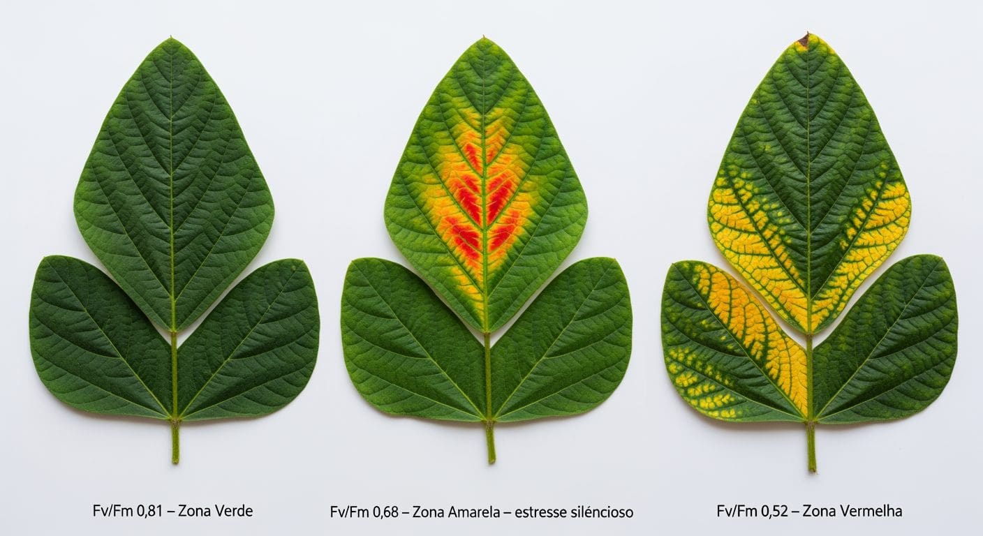 Três folhas de soja representando as zonas de risco produtivo do Fv/Fm: zona verde (Fv/Fm 0,81), zona amarela com estresse silencioso (0,68) e zona vermelha com fotoinibição (0,52)