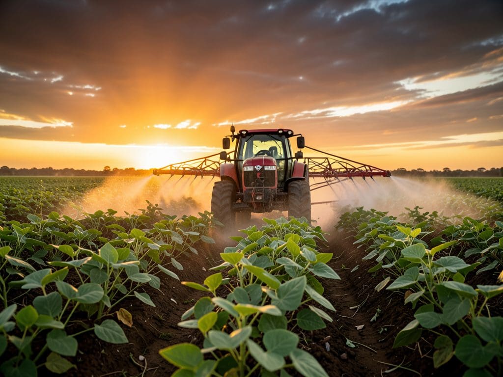 Trator com pulverizador tracionado aplicando foliar preventivo em lavoura de soja ao entardecer — manejo de resiliência metabólica antes da floração