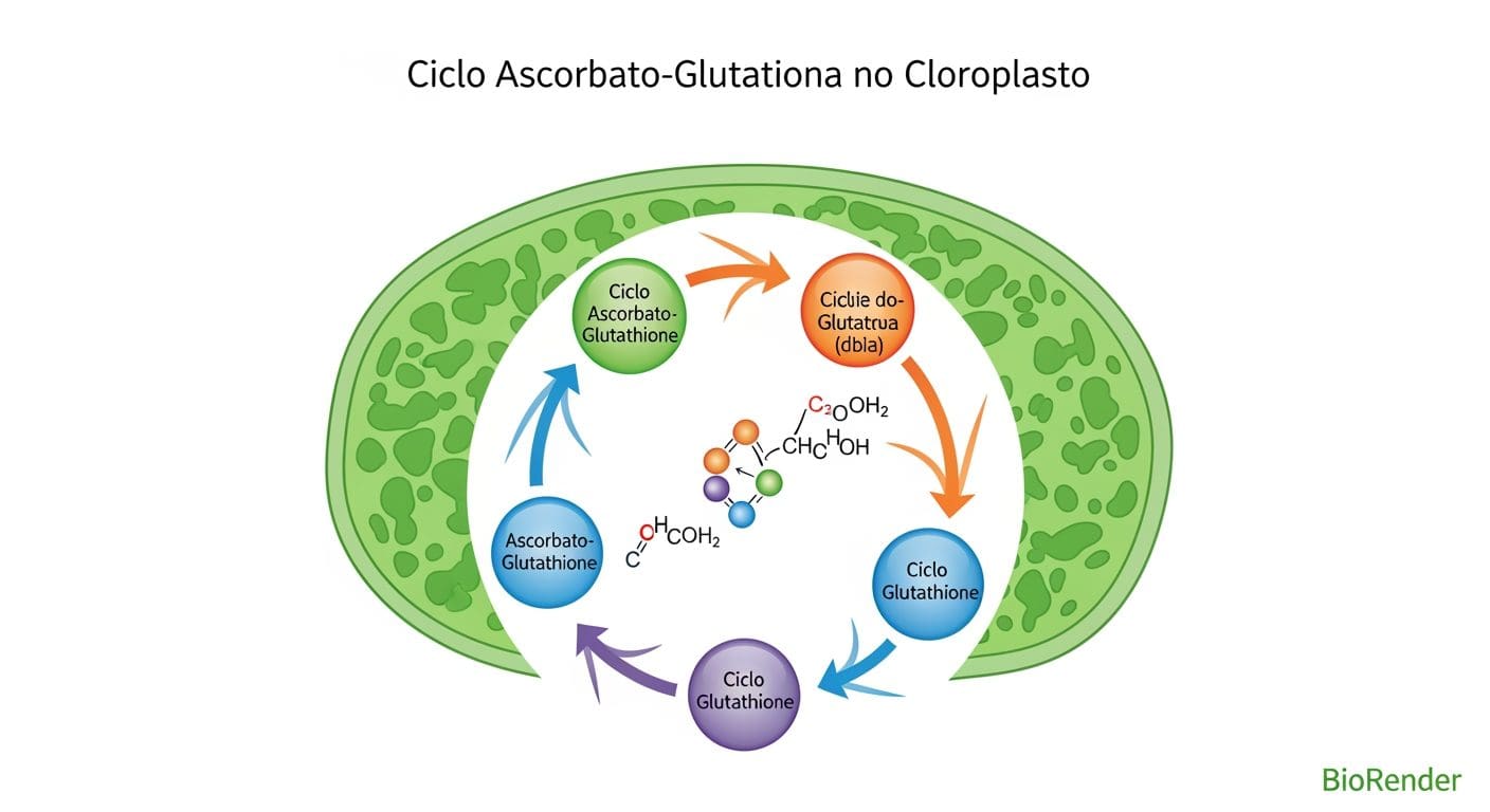 Diagrama BioRender do ciclo ascorbato-glutationa no cloroplasto mostrando APX, DHAR, GR, pools de ascorbato e glutationa e o colapso quando o estresse se prolonga