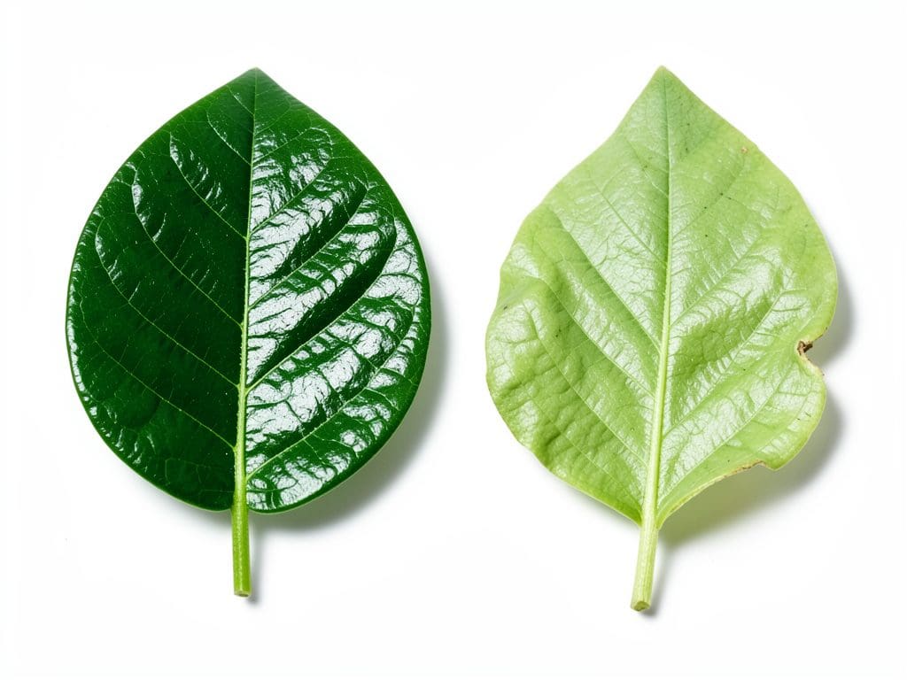 Duas folhas de soja em comparação mostrando diferença de turgor por acumulação de prolina sob déficit hídrico