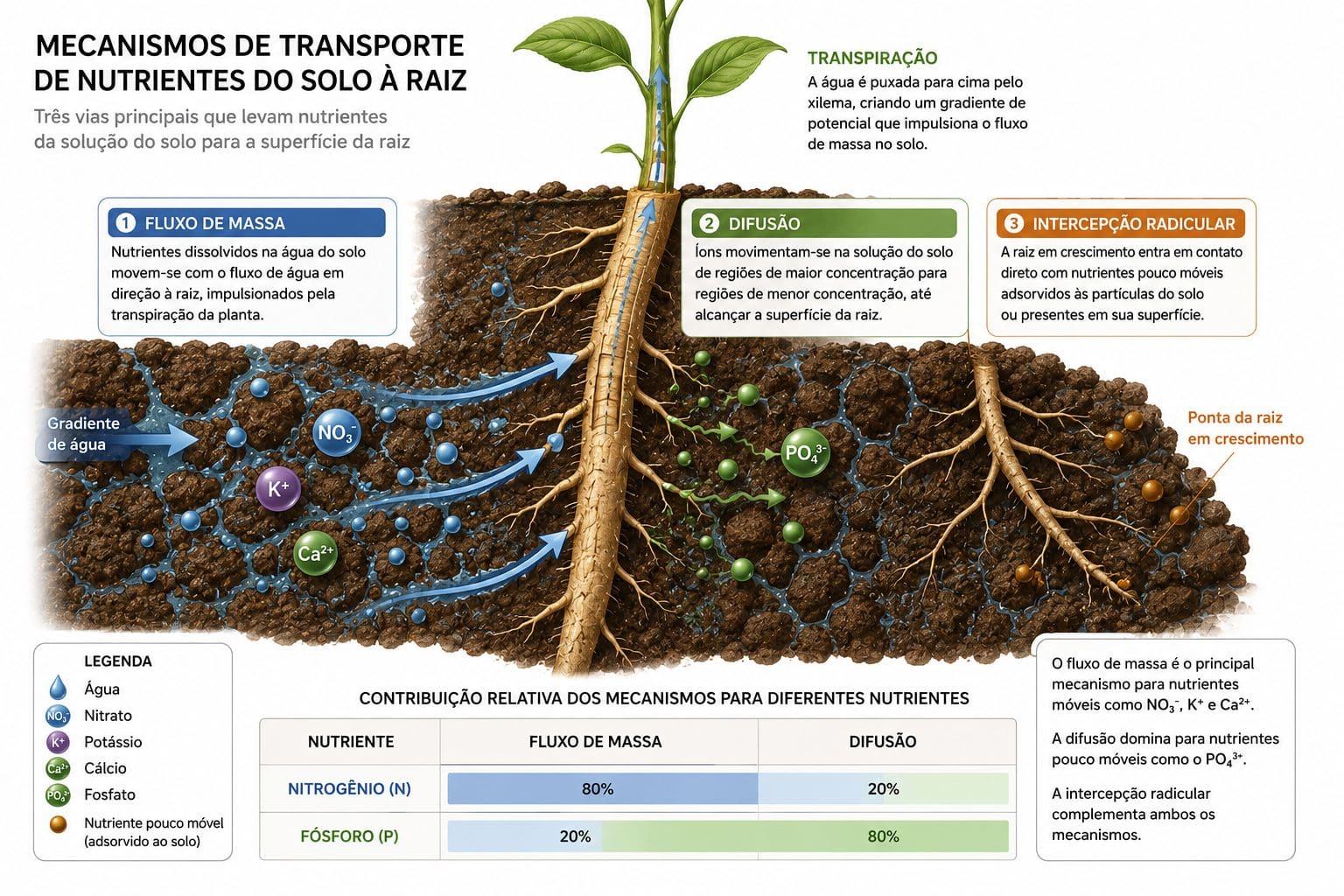 Mecanismos de transporte de nutrientes do solo à raiz: fluxo de massa, difusão e interceptação radicular