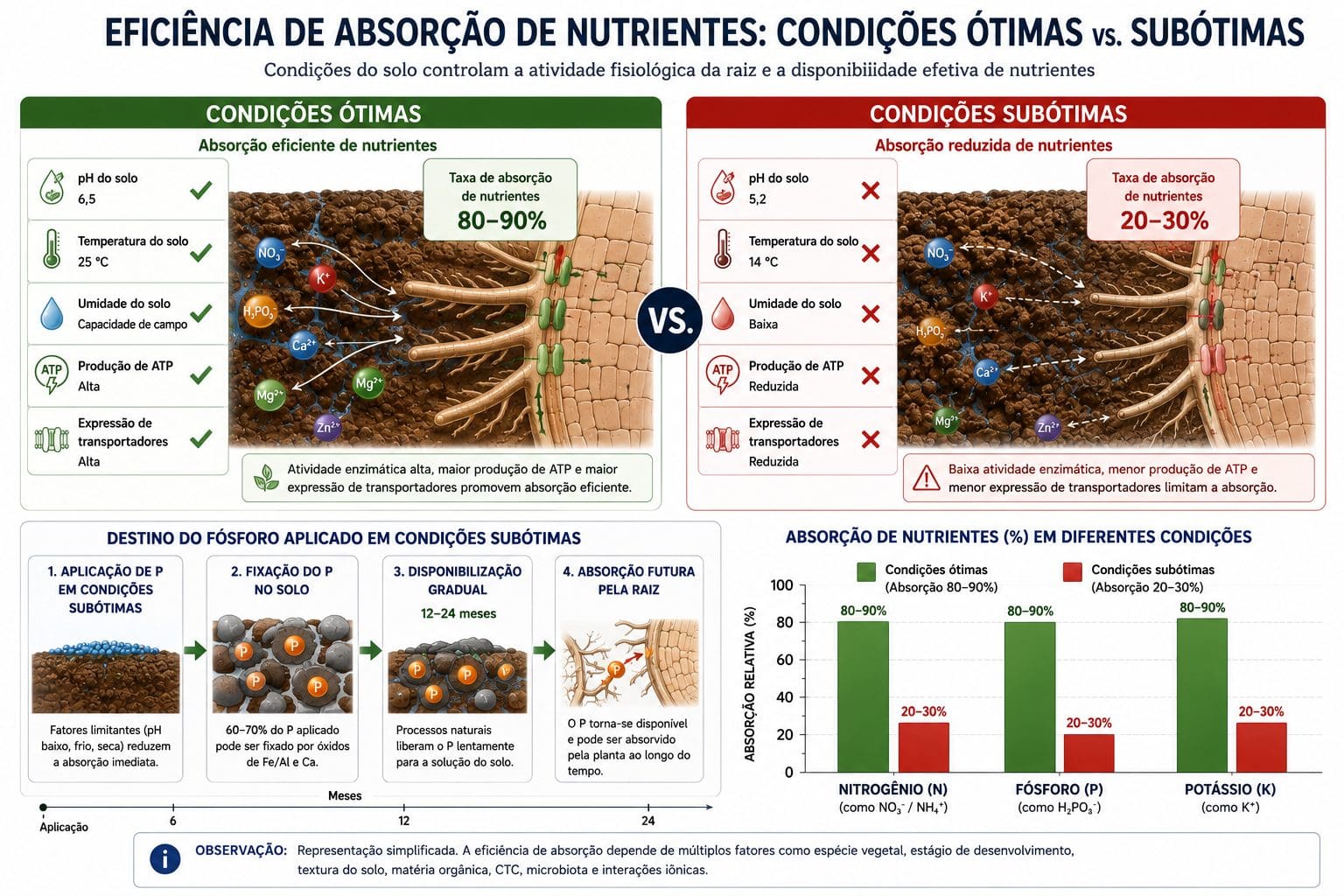 Eficiência de absorção de nutrientes: condições ótimas vs. subótimas
