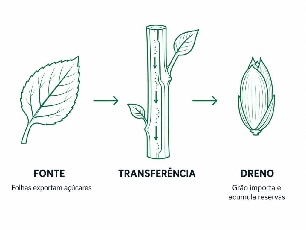 Diagrama de fonte, transferência e dreno no transporte de carbono na planta