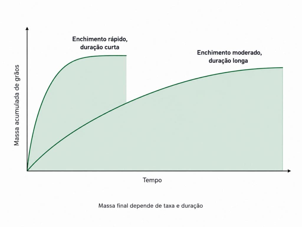 Gráfico comparando enchimento de grãos rápido e curto com enchimento moderado e longo