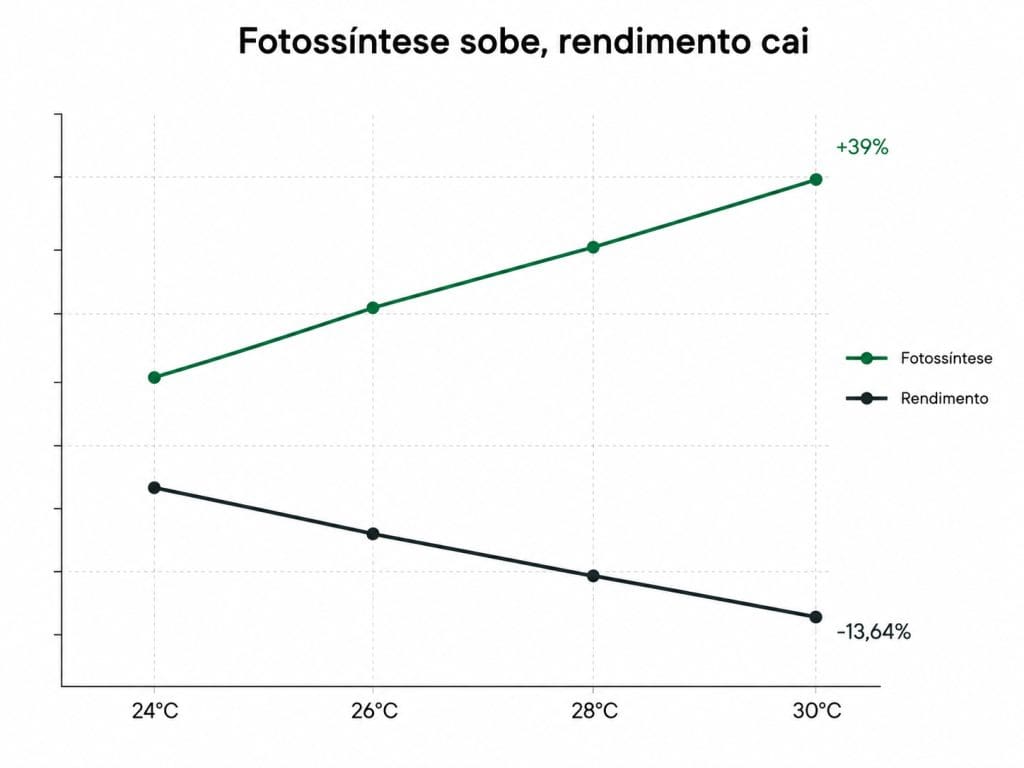 Gráfico comparando fotossíntese foliar e rendimento de milho em quatro temperaturas noturnas