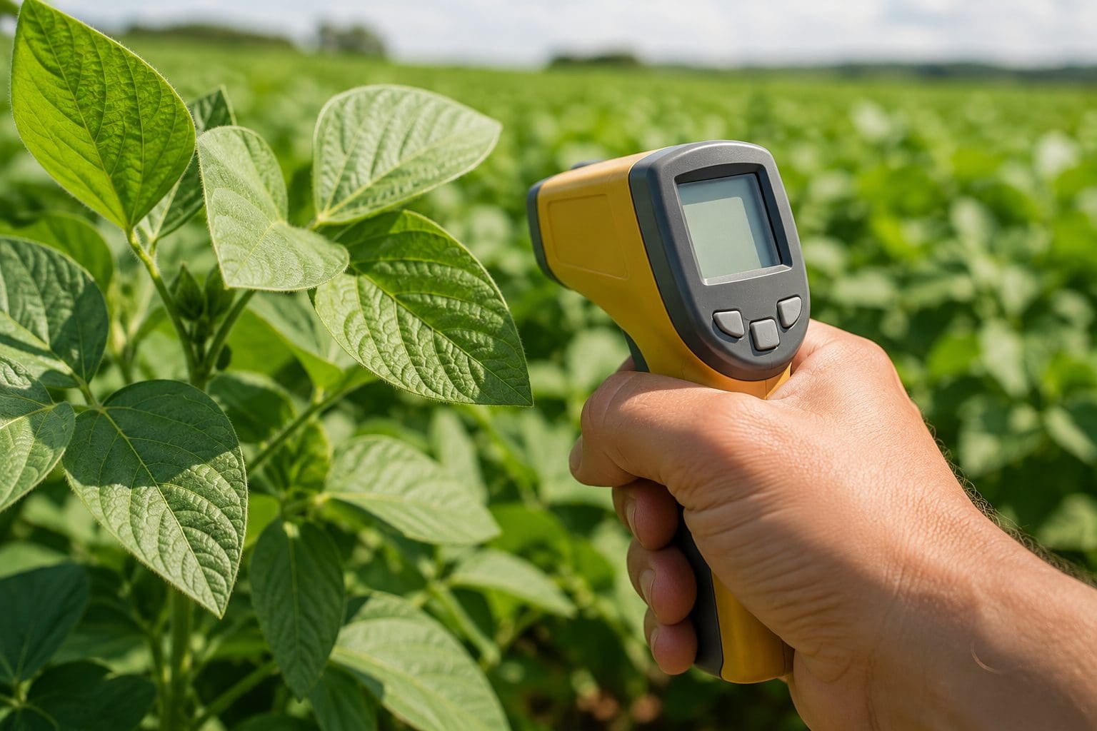 Medição de temperatura foliar em campo com termômetro infravermelho