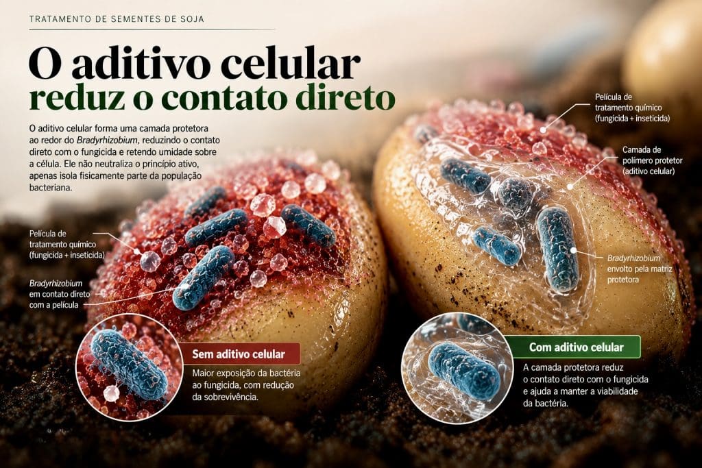 O aditivo celular reduz o contato direto entre o fungicida e o Bradyrhizobium na semente de soja