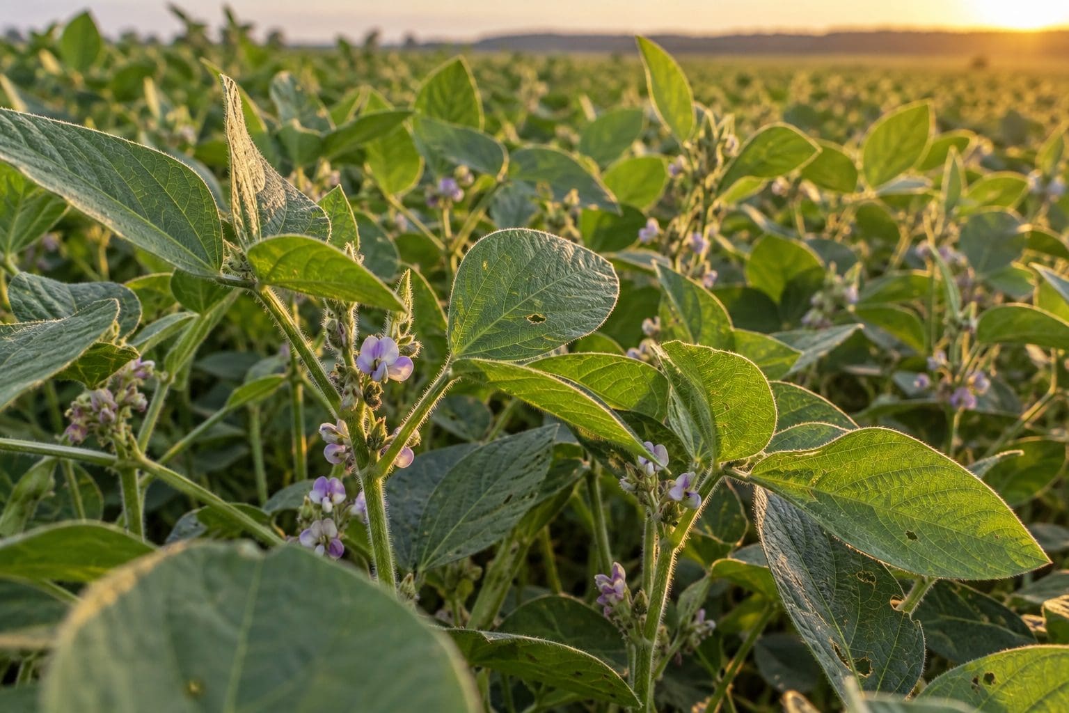 Lavoura de soja em início de floração ao entardecer, flores lilases entre as folhas trifolioladas