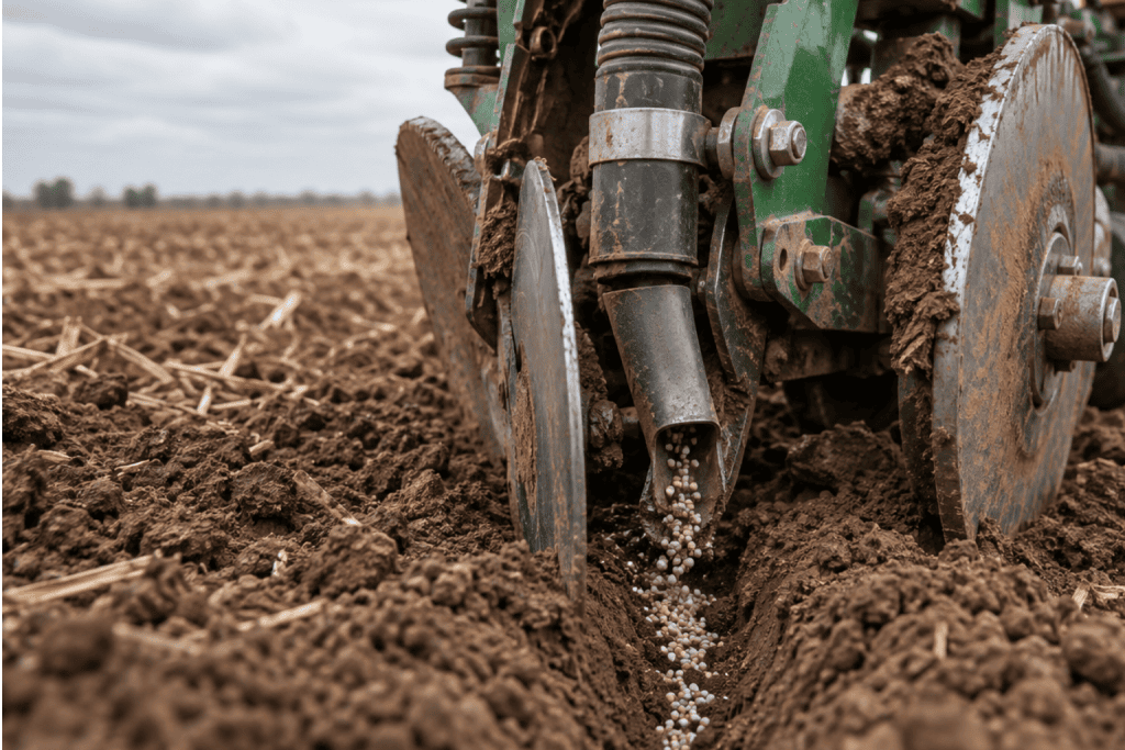 boro na soja: Fertilizante granulado caindo no sulco de plantio durante a semeadura.