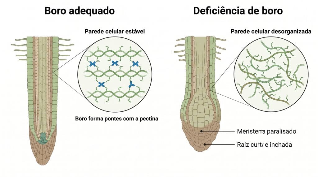 boro na soja: Meristema radicular com boro adequado e com deficiência, mostrando o papel do nutriente na pectina da parede celular