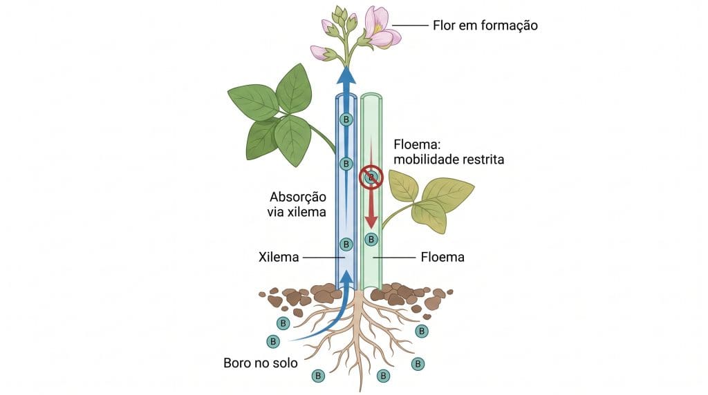 Diagrama do transporte de boro na soja pelo xilema e imobilidade no floema