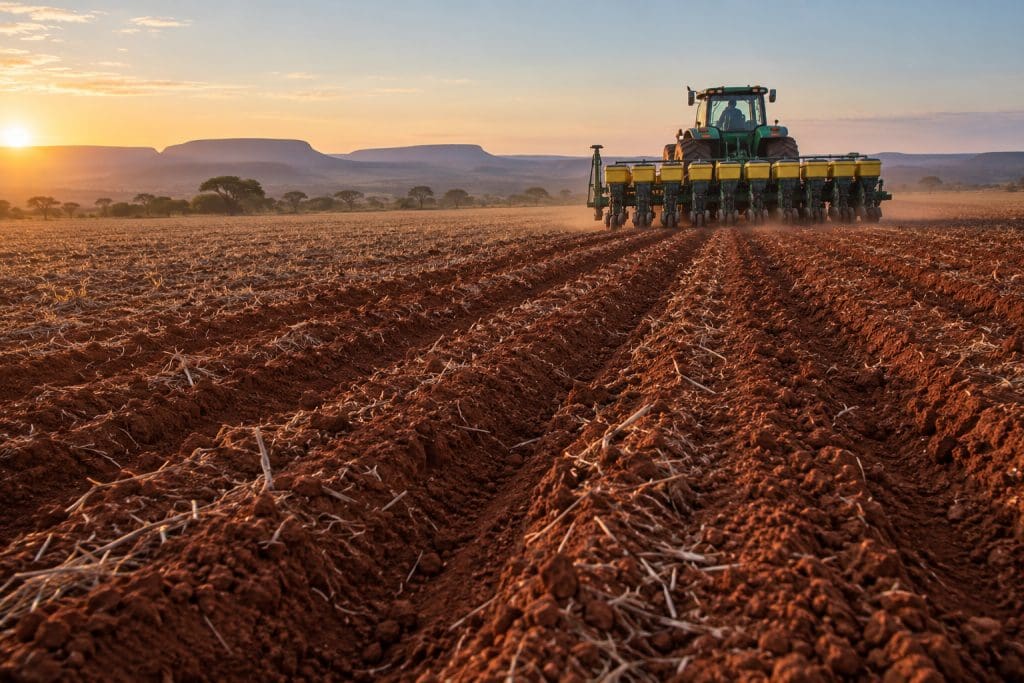 Plantio de soja em solo do Cerrado ao amanhecer