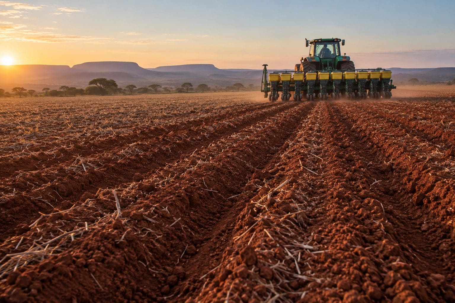 Plantio de soja safra 2026/27 Plantio de soja em solo do Cerrado ao amanhecer