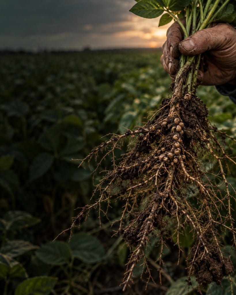 Produtor segurando raiz de soja com nódulos visíveis ao entardecer
