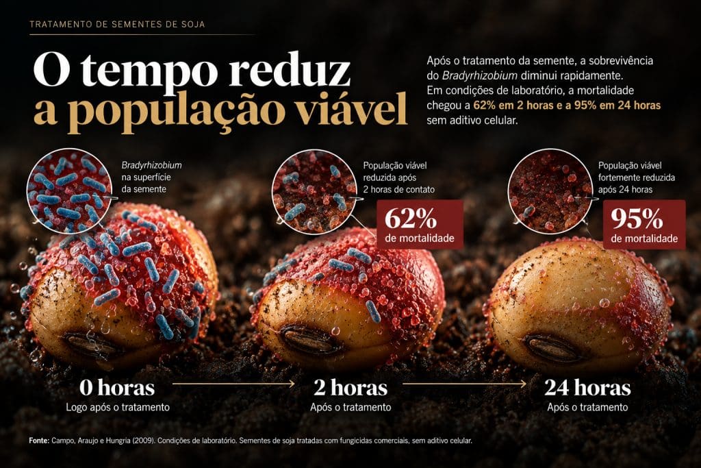 O tempo reduz a populacao viavel: mortalidade de Bradyrhizobium de 62 por cento em 2 horas e 95 por cento em 24 horas apos o tratamento